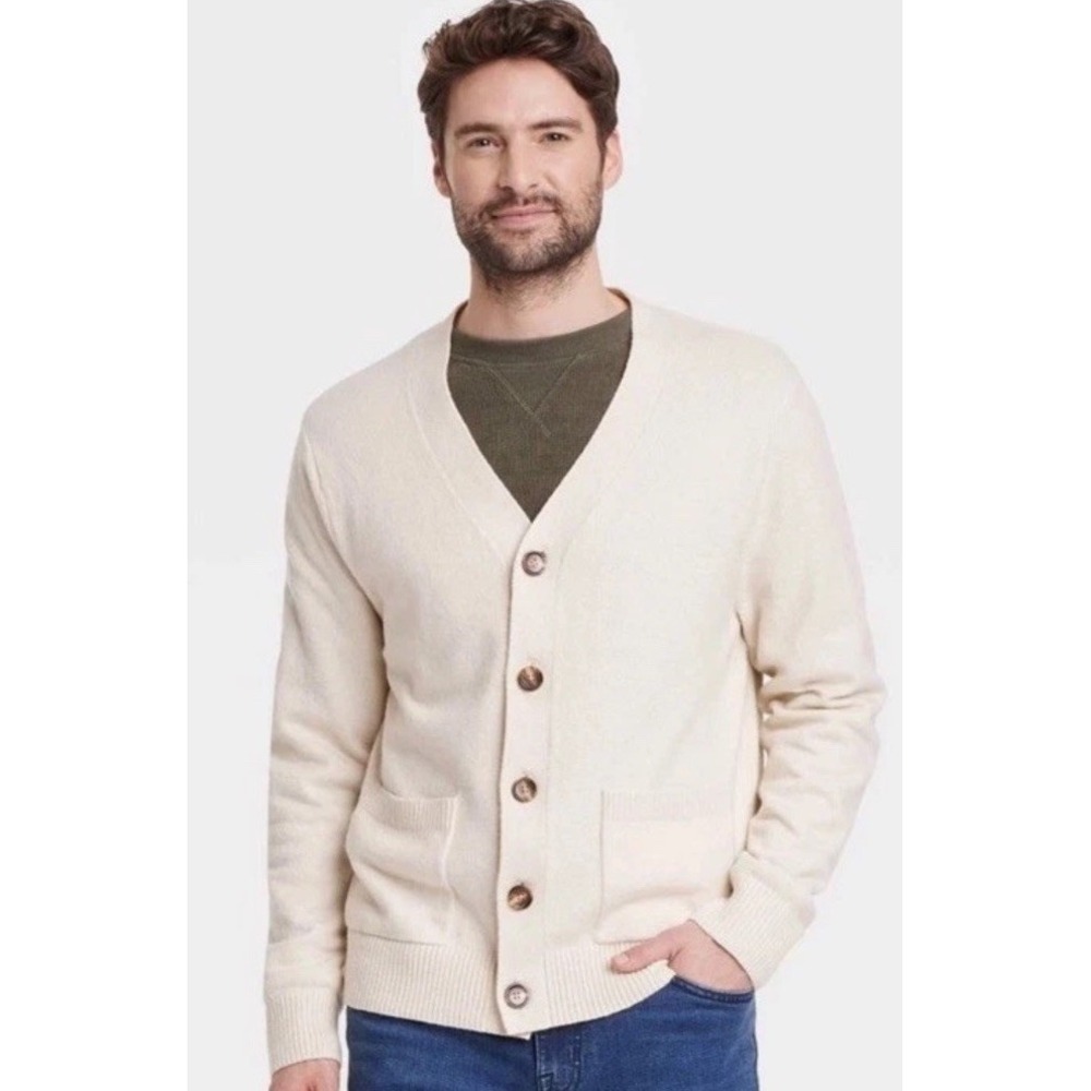 🥥 Goodfellow & Co Men's V-Neck Cardigan Sweater Cream Size L‎ 🆕